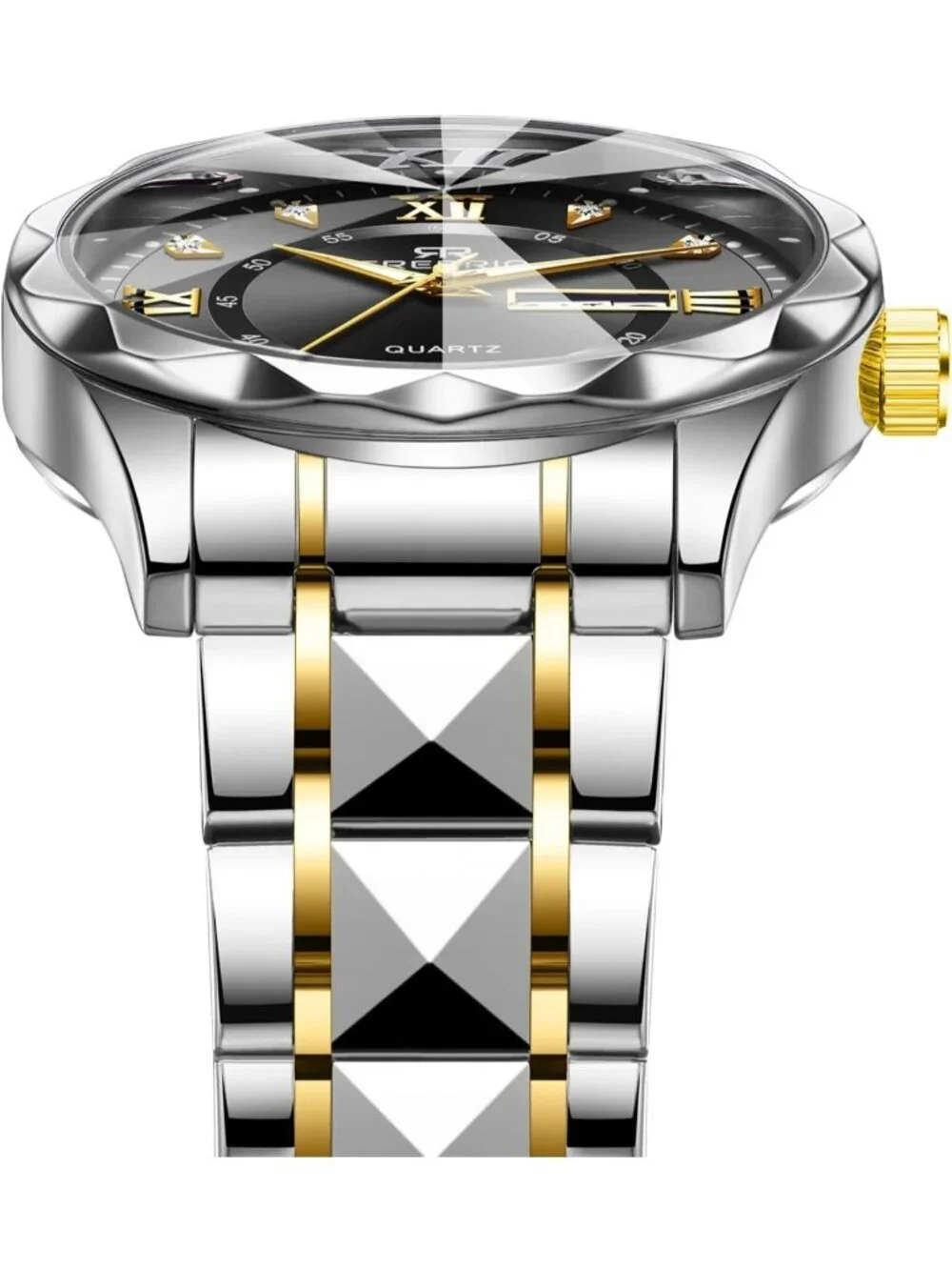 Mens Silver Black Stainless Steel Waterproof Diamond Analog Luminous Wrist Watch